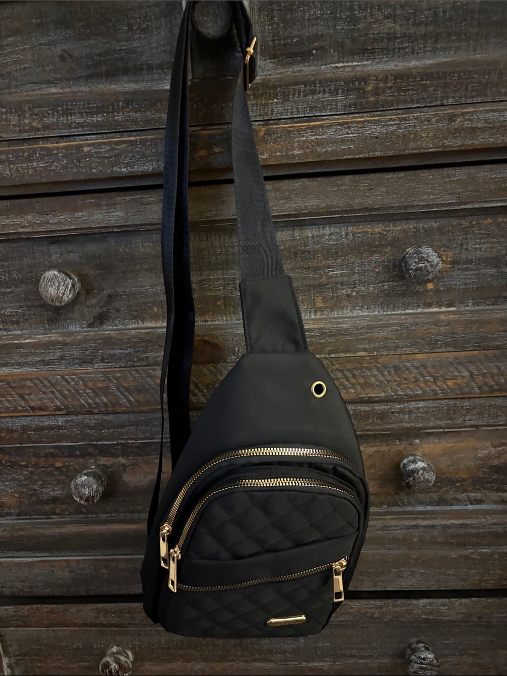 Black Quilted Sling Belt Bag with Gold Accents